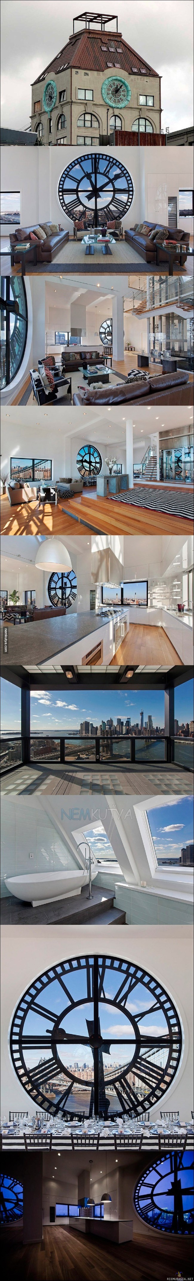 Kellotornista 18 miljoonan luksusasunto - Insane penthouse in Brooklyn&#039;s clock tower for $18M
http://www.businessinsider.com/clock-tower-penthouse-for-sale-in-dumbo-2013-3?op=1