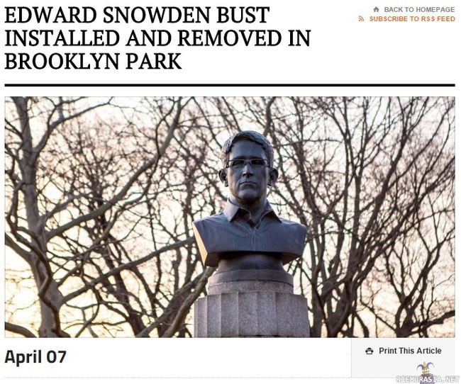 Snowden patsas - Brooklynin puistoon luvatta pystytetty Edward Snowdenin patsas, joka (ilmeisesti) poistettiin tai poistetaan pian.