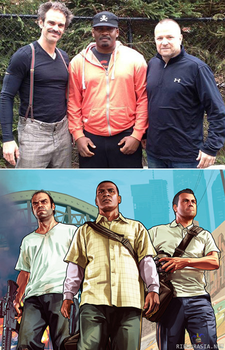 Trevor, Franklin, Michael - Kuva Gta V:n päähenkilöiden ääninäyttelijöistä.