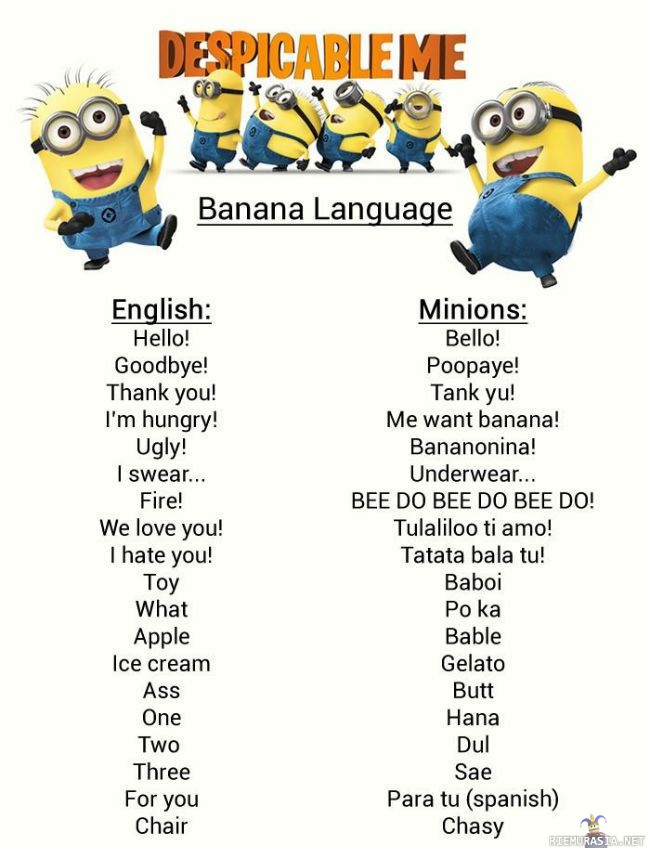 Minions language - Banana/Minions Language, joitain sanoja Minioneilta.