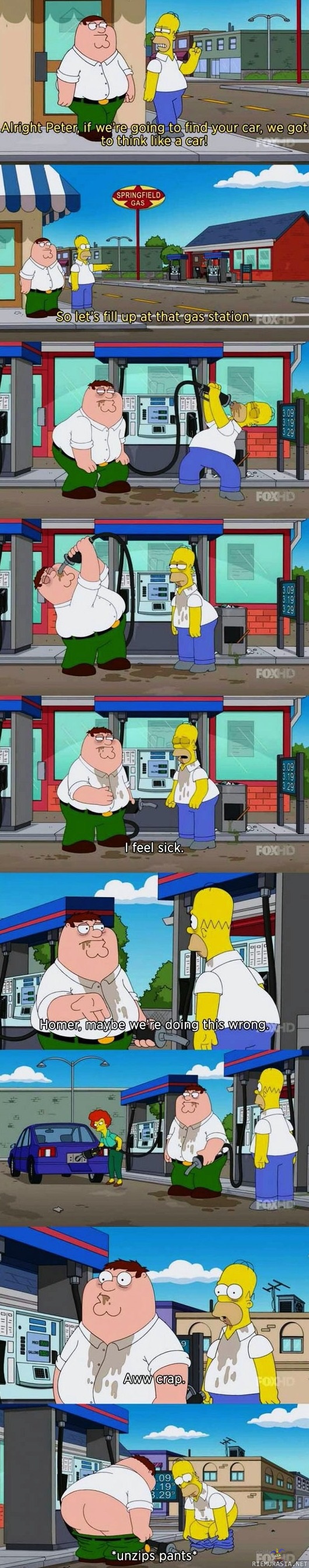 Peter & Homer etsimässä autoa. - Joten täytyy ajatella kuin auto.