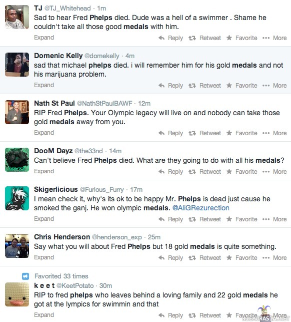 Twitterin reaktio Fred Phelpsin kuolemisilmoitukseen. - Pilailua vihattua miestä kohtaan.