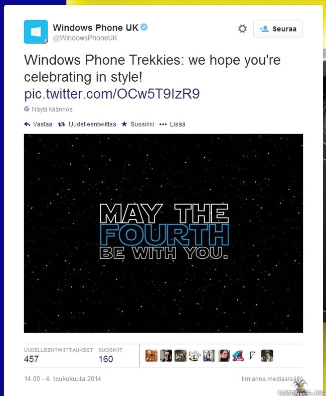 May the Fourth be with you - Star Wars- päivän kunniaksi Windows Phone UK päättikin vahingossa onnitella &quot;trekkareita&quot;.