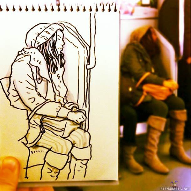 Japanilainen taiteilija - Japanilainen taiteilija piirtää jokapäiväisistä tilanteista pikavedoksia.