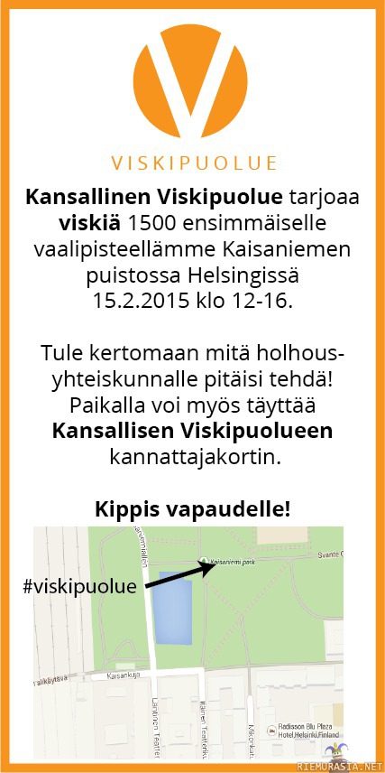 Ilmaista viskiä! - Ilmaista viskiä 15.2.2015 klo 12-16 Kaisaniemen puistossa: https://www.facebook.com/events/845836762144033