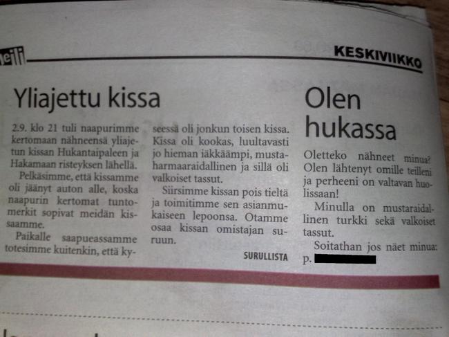 Kadonnut kissa.... - Tuntomerkit täsmää...