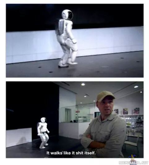 Robotin kävely - Karl Pilkington kuvailee hondan ASIMO-robotin kävelyä lyhyesti mutta ytimekkäästi
