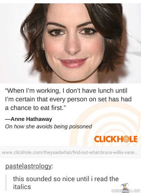 Anne Hathaway ja syöminen töissä