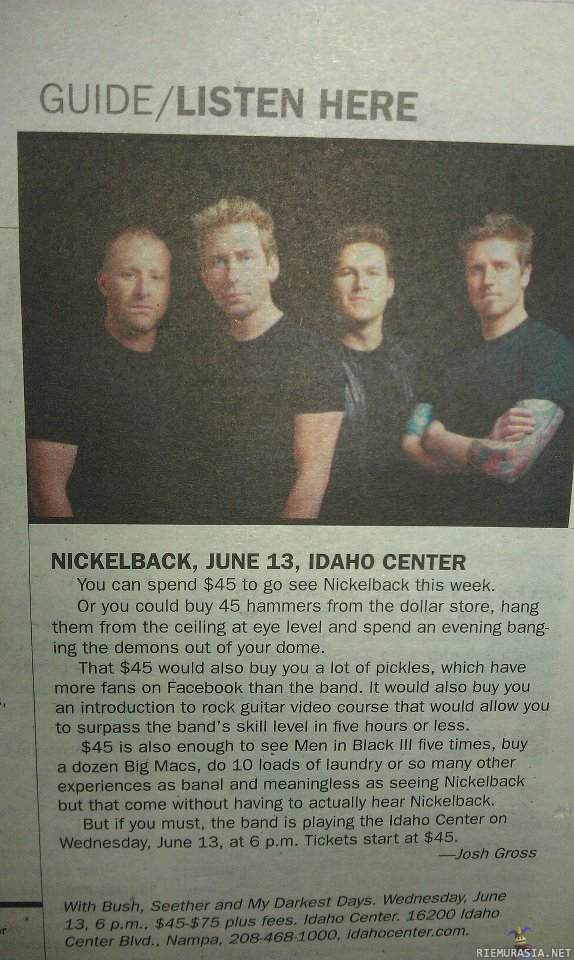 Paikallislehden kirjoitus Nickelbackin konsertista