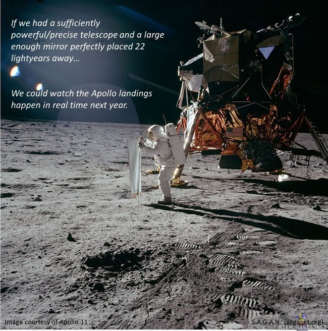 Apollo 11 - Jos olisi tarpeeksi tehokas ja tarkka kaukoputki sekä peili 22 valovuoden päässä niin näkisimme kuuhun laskeutumisen livenä ensi vuonna