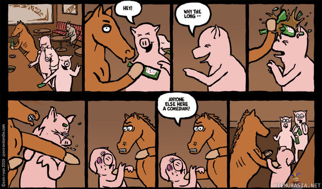 A horse walks to a bar