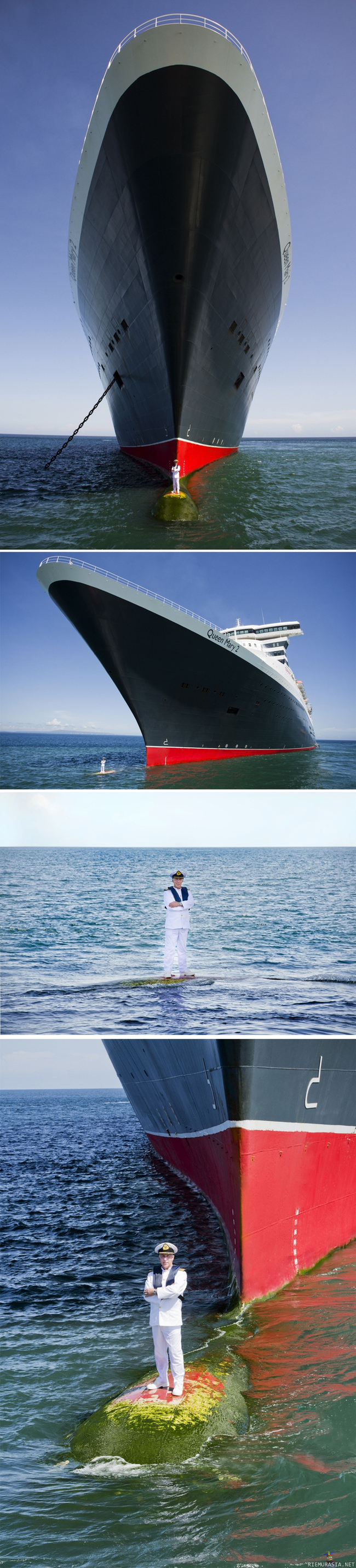Kapteeni poseeraa - Luksusristeilijä Queen Mary II:n kapteeni Kevin Oprey poseeraa laivansa kanssa näyttävästi, koskahan nähdään Francesco Schettinon versio?