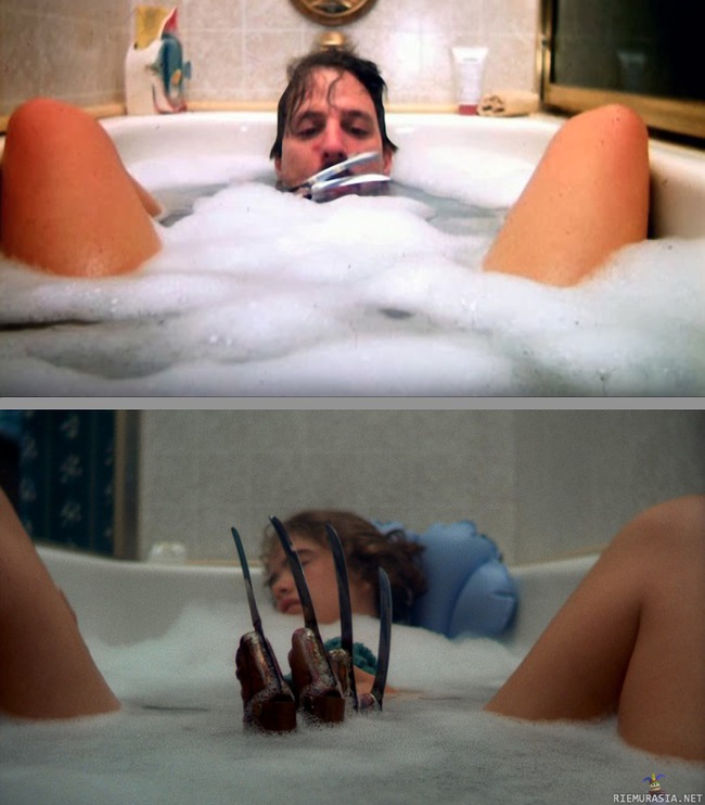 Nightmare on elm street (1983) - Efektimies Jim Doyle oli näyttelijä Heather Langenkampin kanssa samassa kylpyammeessa että kylpyammekohtaus saatiin kuvattua oikeasta kuvakulmasta. Kyseinen kohtaus tästä: http://youtu.be/QHpdUQGOYgM