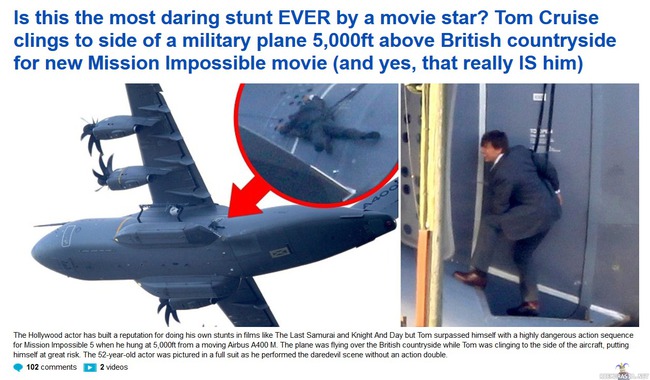 Tom Cruisen stuntti - Tom Cruise teki hurjan stunttitempun tulossa olevaan Mission Impossible 5 elokuvaan