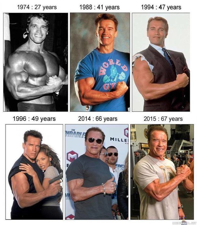 Arnold poseeraa eri vuosina - Legenda on kovassa kunnossa aina vaan.
