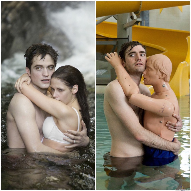 Robert Pattinsonin näköinen - Kaveria sanottiin Robert Pattinsonin näköiseksi joten hän päätti poseerata Twilight posterin mukaisesti mannekiinin kanssa