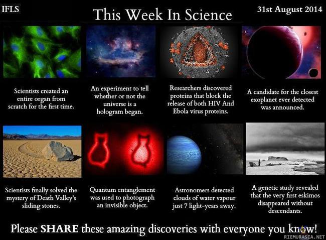 This week in science - Organ: http://bit.ly/1rHPVs6 Hologram: http://bit.ly/1rApF2P Proteins: http://bit.ly/1ngKIQU Exoplanet: http://bit.ly/1qSISqm Sliding stones: http://bit.ly/1tR0uYv Quantum photograph: http://bit.ly/Y3ZrsH Water vapour: http://bit.ly/Z3I77e Eskimos: http://bit.ly/1qSIV5g