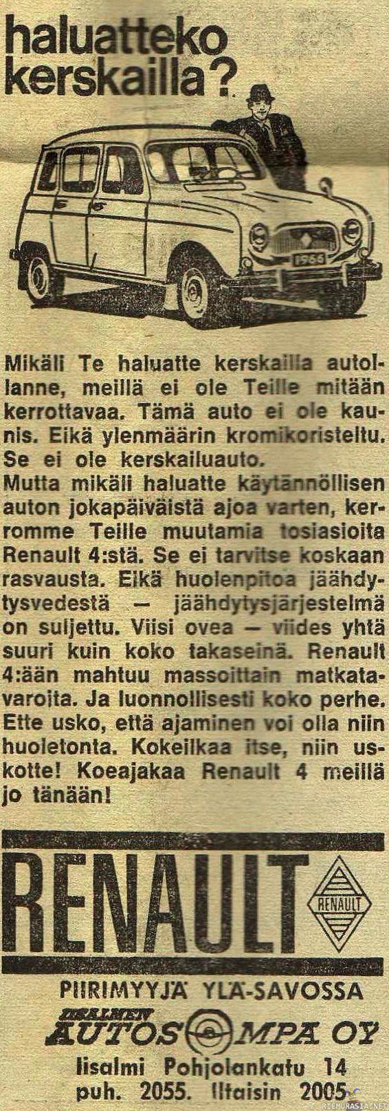 Haluatteko kerskailla ? - Vanhasta lehdestä löydetty Renault 4 -mainos.