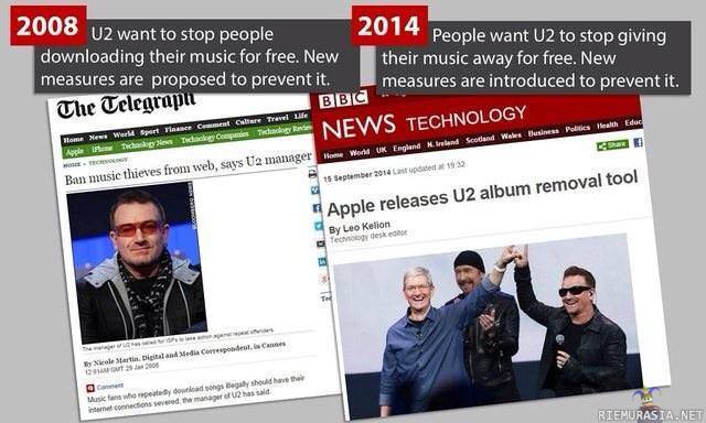 Teknologia kehittyy - U2 kohtaa tosiasian etteivät ihmiset halua heidän musiikkiaan edes ilmaiseksi