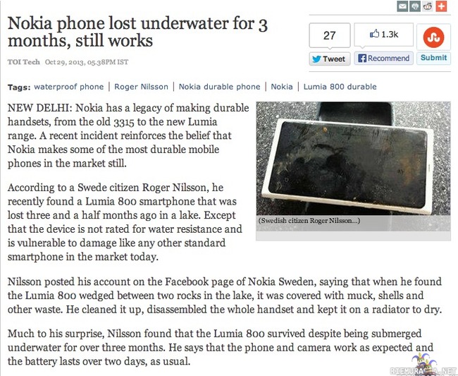 Nokia kestää - Lumia 800 oli 3 kuukautta upoksissa järvessä ja kuivaamisen jälkeen toimii vieläkin.