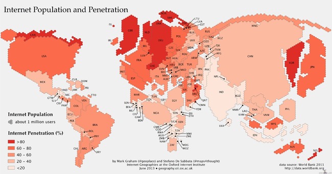 Valtioiden koot internetin käyttäjien suhteessa - A World Map Adjusted for Each Country´s Internet Population