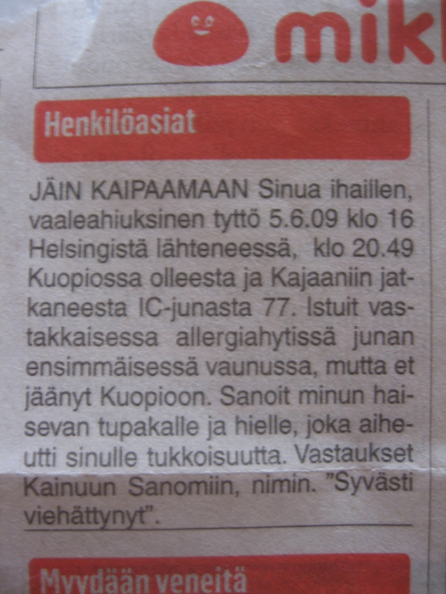 Kainuun sanomat 10.6-09 - Etsintäkuulutus, hyvät tuntomerkit