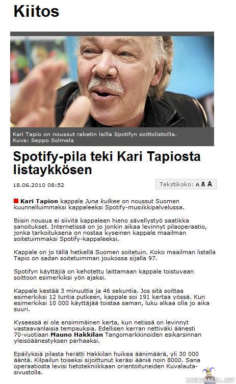 Kari tapio kiittää - Spotifyn listaykkönen - http://www.riemurasia.net/jylppy/media.php?id=71699