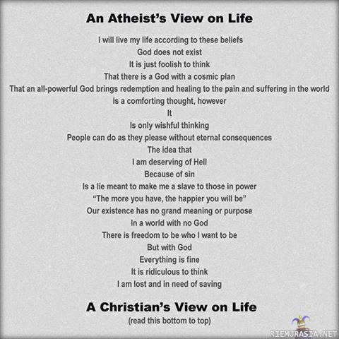 Views of life - Ateistin sekä Kristityn maailmankuva kiteytettynä samaan tekstiin.