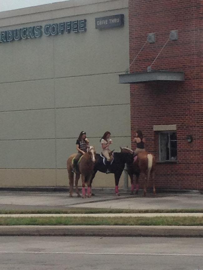 Starbucksin autokaistalla Texasissa - Tytöt hakemassa kahvinsa ratsailla