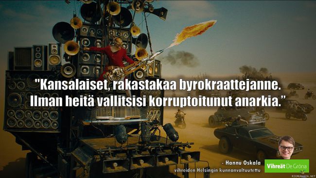 Rakastakaa byrokraattejanne - Hannu Oskalan kommentti Facebookissa. Helsingin terassinmittaajaviranomaiset olivat tehneet ratsian, jota oudoksuttiin sosiaalisessa mediassa.