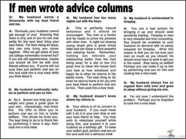 if men wrote advice columns - ...Then cook him a nice meal.