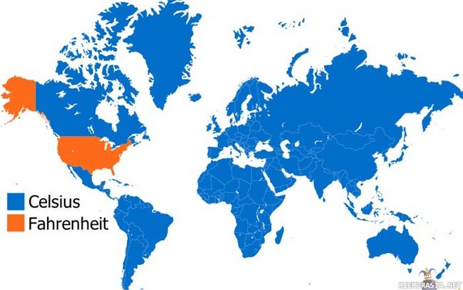Jenkit, Fahrenheit ja Celsius - Kartalla näkyy mitkä maat käyttävät mitäkin mittayksikköä.
