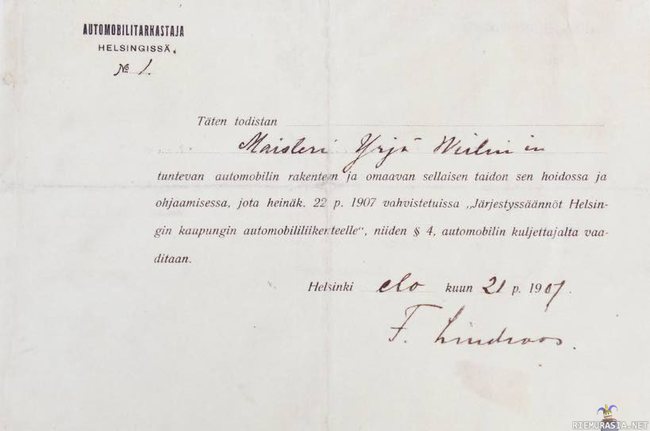 Suomen vanhin ajokortti - Yrjö Weilin sai korttinsa vuonna 1907 kuukausi sen jälkeen, kun järjestyssäännöt Helsingin kaupungin &quot;mobiililiikenteelle&quot; oli vahvistettu.