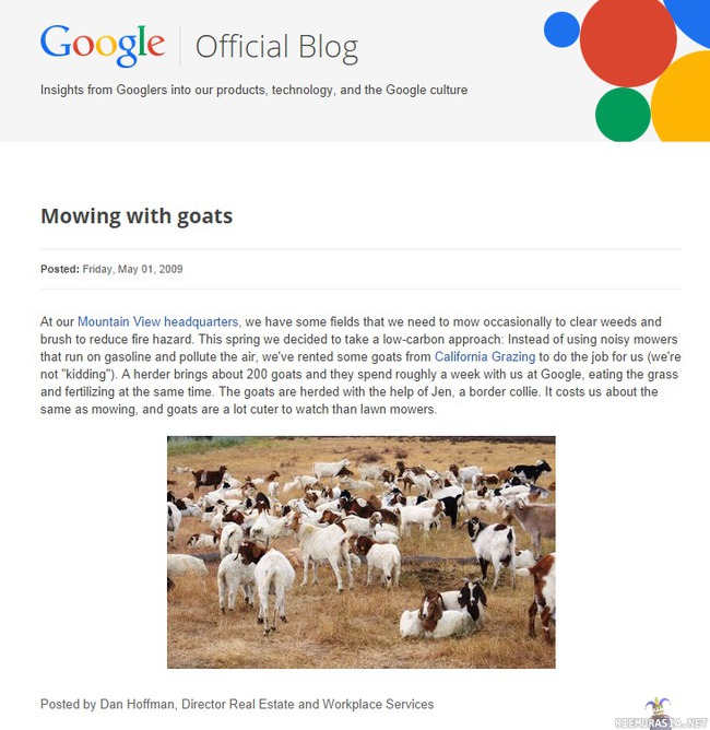 Google ei käytä ruohonleikkureita vaan vuohia - http://googleblog.blogspot.com.tr/2009/05/mowing-with-goats.html
