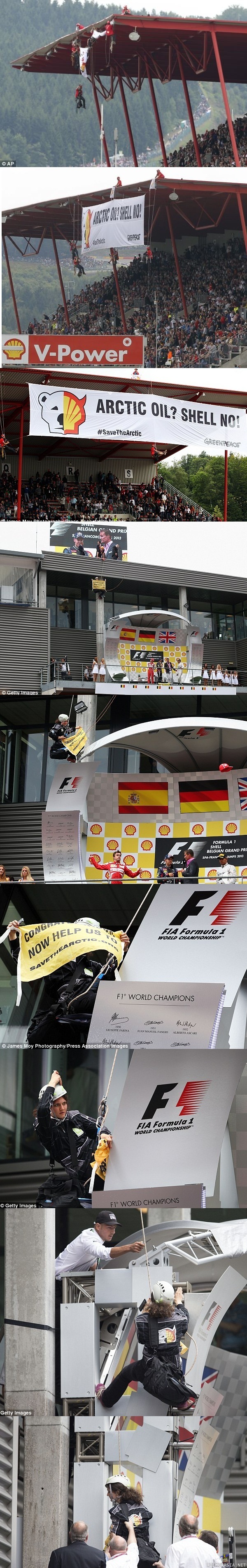 Greenpeace aktivistit Belgian F1 grand prix:ssä - hipille tuli yllättäen kiire alas :D