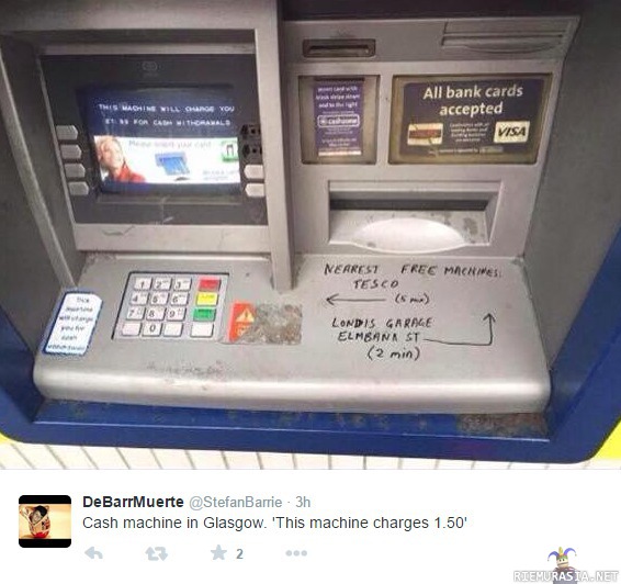 Maksullinen pankkiautomaatti - Joku on piirtänyt ohjeet mistä löytyy lähimmät ilmaiset automaatit
