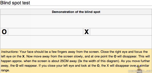 The blind spot - Wikipedian &#039;&#039;Sokeakohta&#039;&#039;-testi. Kaikkille niille, jotka eivät osaa englantia:Laita kasvot lähelle näyttöä. Sen jälkeen sulje oikea silmä, ja katso vasemmalla kirjainta &#039;&#039;X&#039;&#039;. Siirrä päätä hitaasti kauemmas näytöstä, ja tietyssä kohtaa kirjain &#039;&#039;O&#039;&#039; katoaa. Tämä tapahtuu noin 25cm päästä näytöstä. Kun liikut siitä vähän kauemmaksi, niin &#039;&#039;O&#039;&#039; ilmestyy uudestaan. Toimii myös toisin päin n. samassa etäisyydessä näytöstä, katso silloin oikealla silmällä (vasemman peittäen) kirjainta &#039;&#039;O&#039;&#039;, ja &#039;&#039;X&#039;&#039; katoaa.
