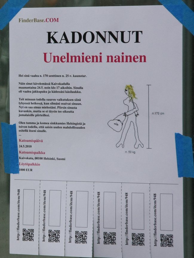 Mies etsii naista deitille - Ilmoitus rautatieasemalla Helsingissä