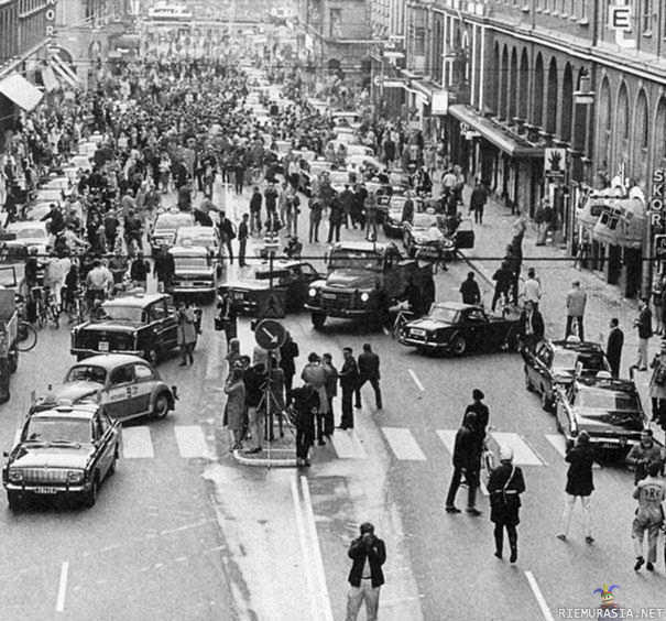 Ruotsin 1967 liikenne muutos - Ruotsi siirtyi oikeanpuoleiseen liikenteeseen 3.9.1967 klo 00:00rnKuva seuraavalta aamulta.
