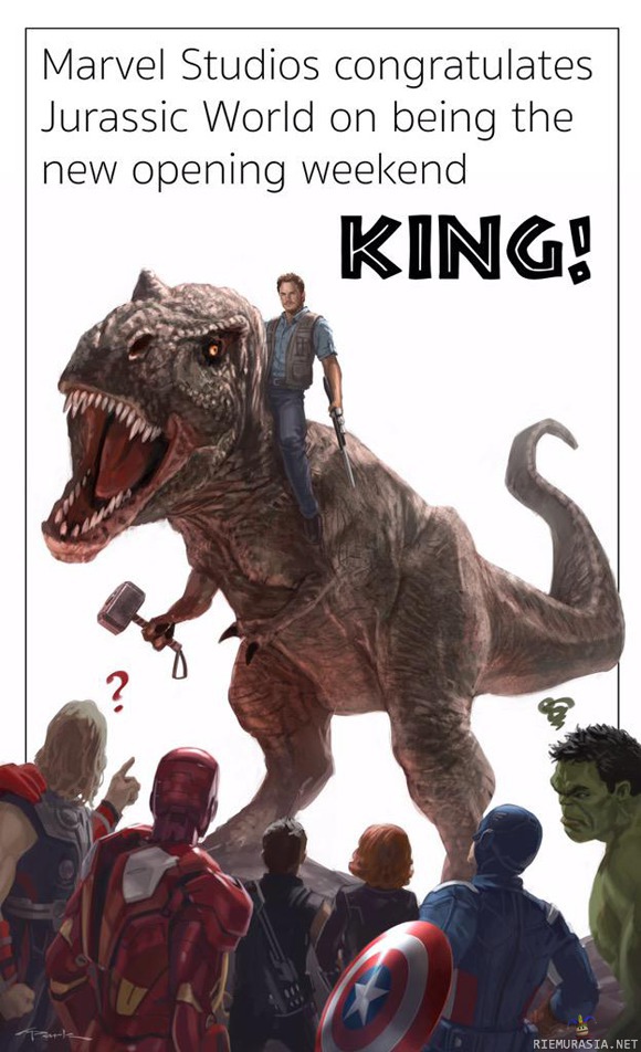 Marvel muisti Jurassic Worldia - Jurassic World keräsi kolmen päivän aikana 208,8 miljoonan dollarin lipputulot. Se on ennätys, joka jätti taakseen Marvelinkin menestyselokuvat.

Kunnioittaakseen tätä,  Marvel-pomo Kevin Feige julkaisi eilen Twitterissä kuvan, jolla yhtiö onnitteli Jurassic Worldia!