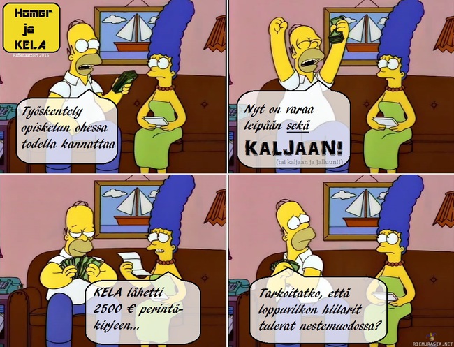 Homer ja Kansaneläkelaitos - Homerilla on ongelmia opintotuen ja Kelan tulorajojen kanssa.