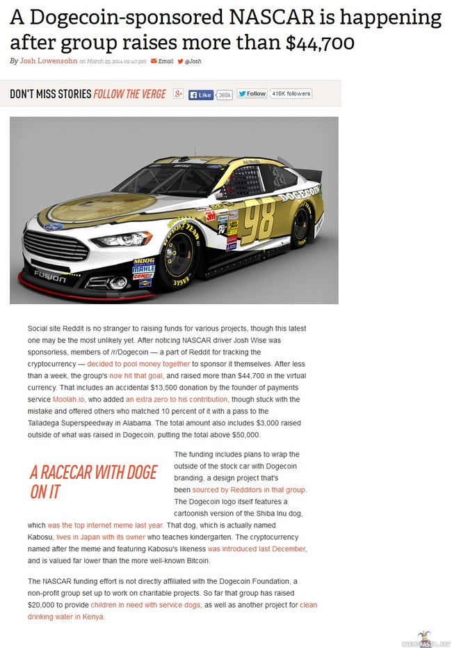 Doge Nascariin - Dogecoin-auto Nascariinrnhttp://www.theverge.com/2014/3/25/5546662/a-dogecoin-sponsored-nascar-is-happening-after-group-raises-more-than-44-thousand-dollars