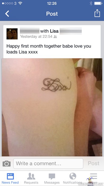 Tatuointi kuukauden seurustelun jälkeen - melkoisen fiksua toimintaa
