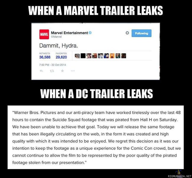 DC vs. Marvel - Kun traileri vuotaa nettiin niin miten siihen reagoidaankaan