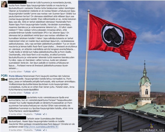 Liputus - Mielipide Ässien lipusta kaupungintalon katolla.