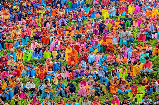 värikäs Intia - kuvassa on paljon ihmisiä, jotka ovat pukeutuneet värikkäästi